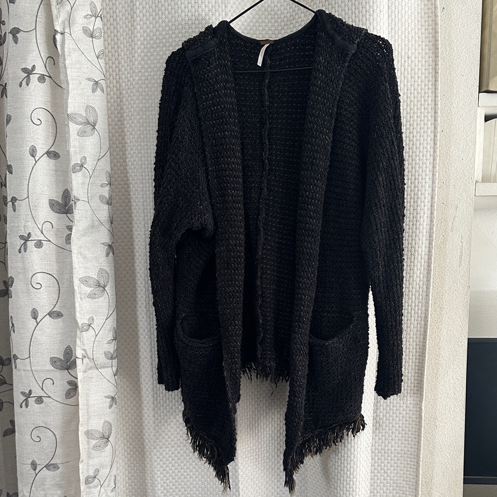 Free People  Hooded Cardigan Fringe Black Open Front Relaxed Boho